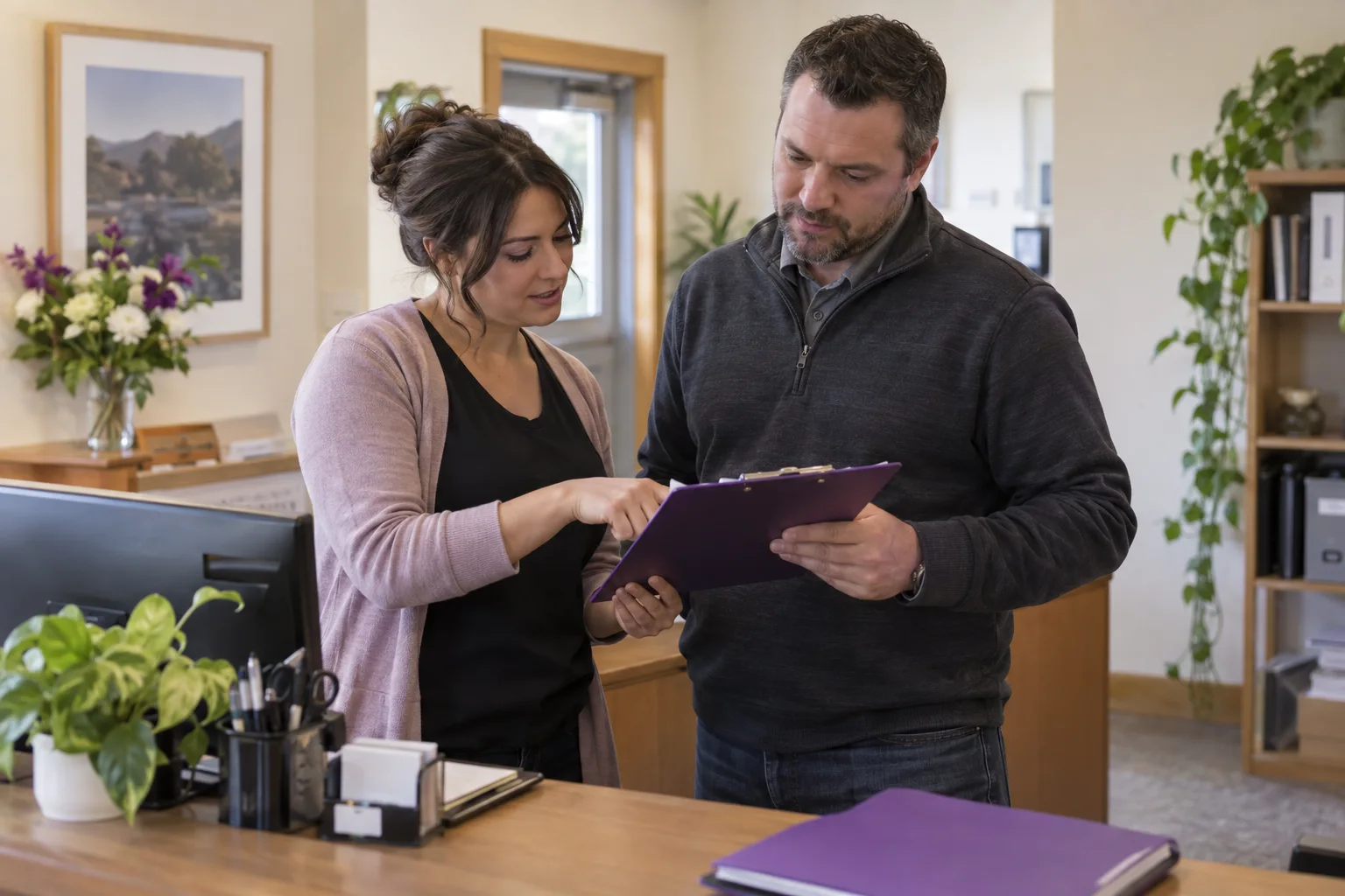 Two office colleagues reviewing a request together
