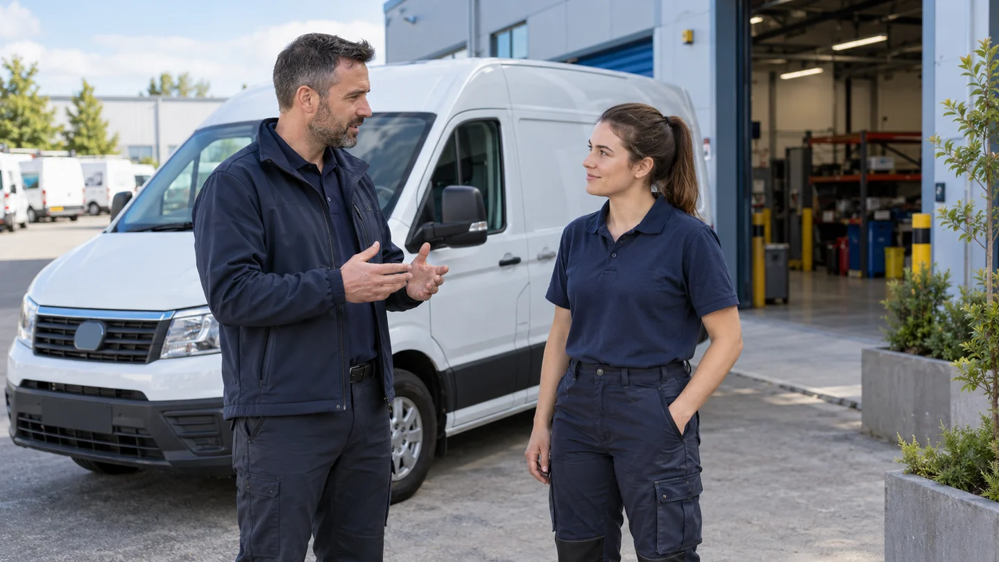 A field technician and a dispatcher talking beside a service van