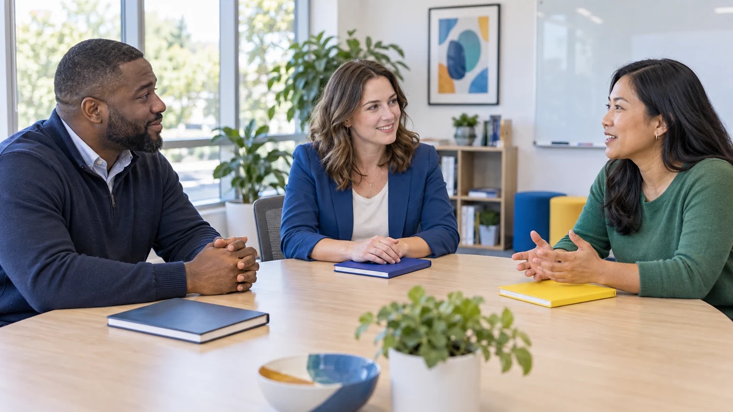A location manager talking with two team members at a table