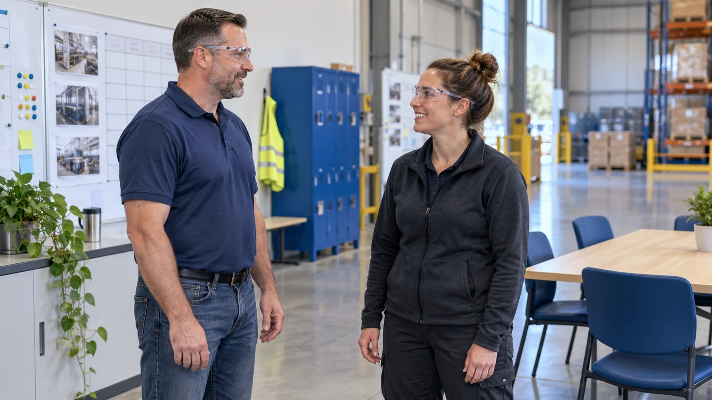 A supervisor and an operator talking on a production floor