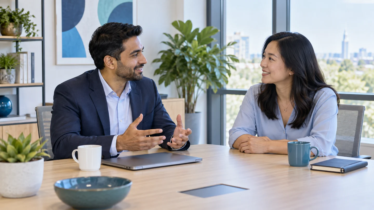 A sales rep and a colleague rehearsing a client conversation