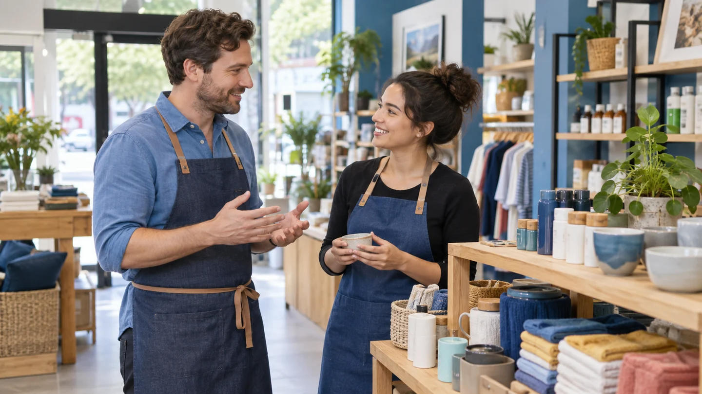A store associate and a colleague talking on the shop floor